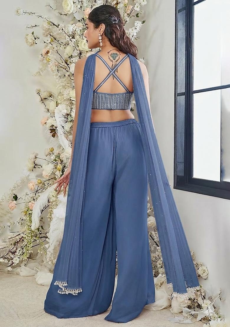 Steel Blue Hand Work Georgette Fusion Set - Indya