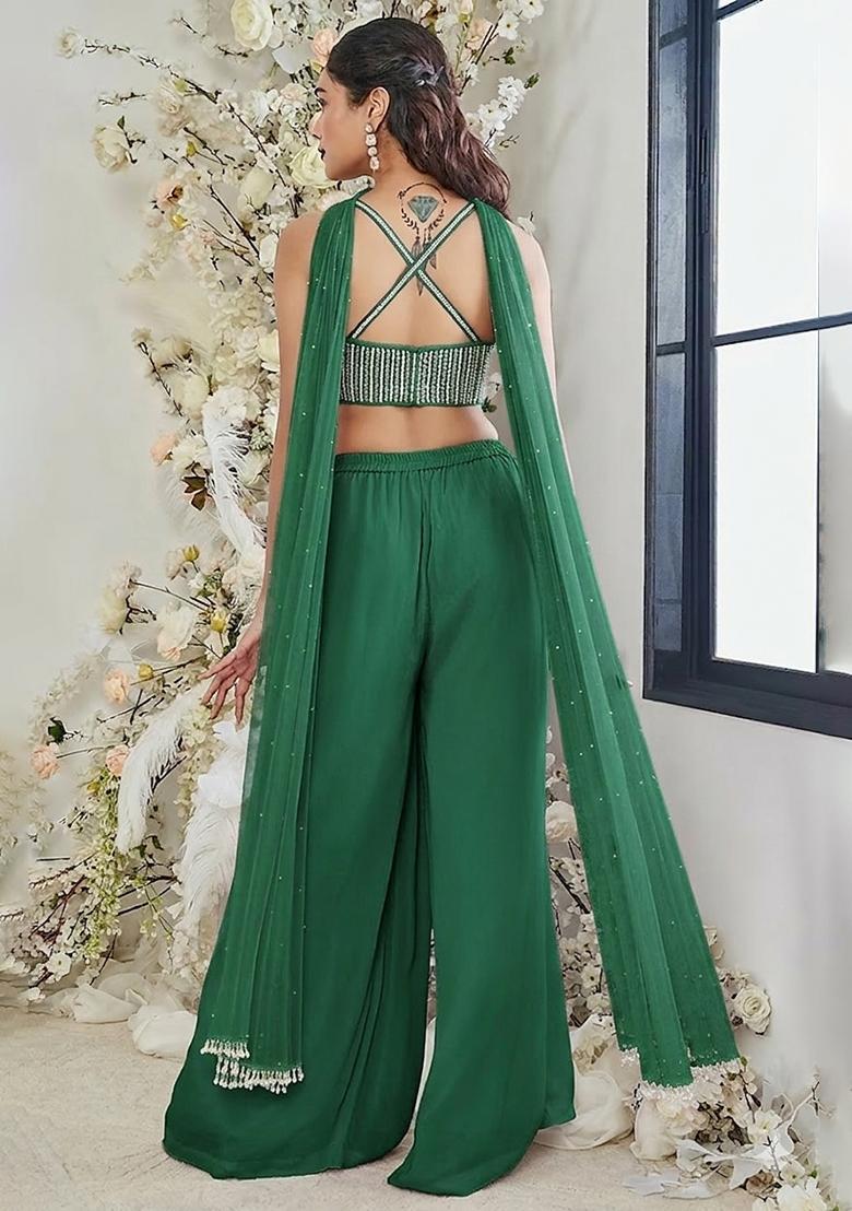 Green Hand Work Georgette Fusion Set - Indya