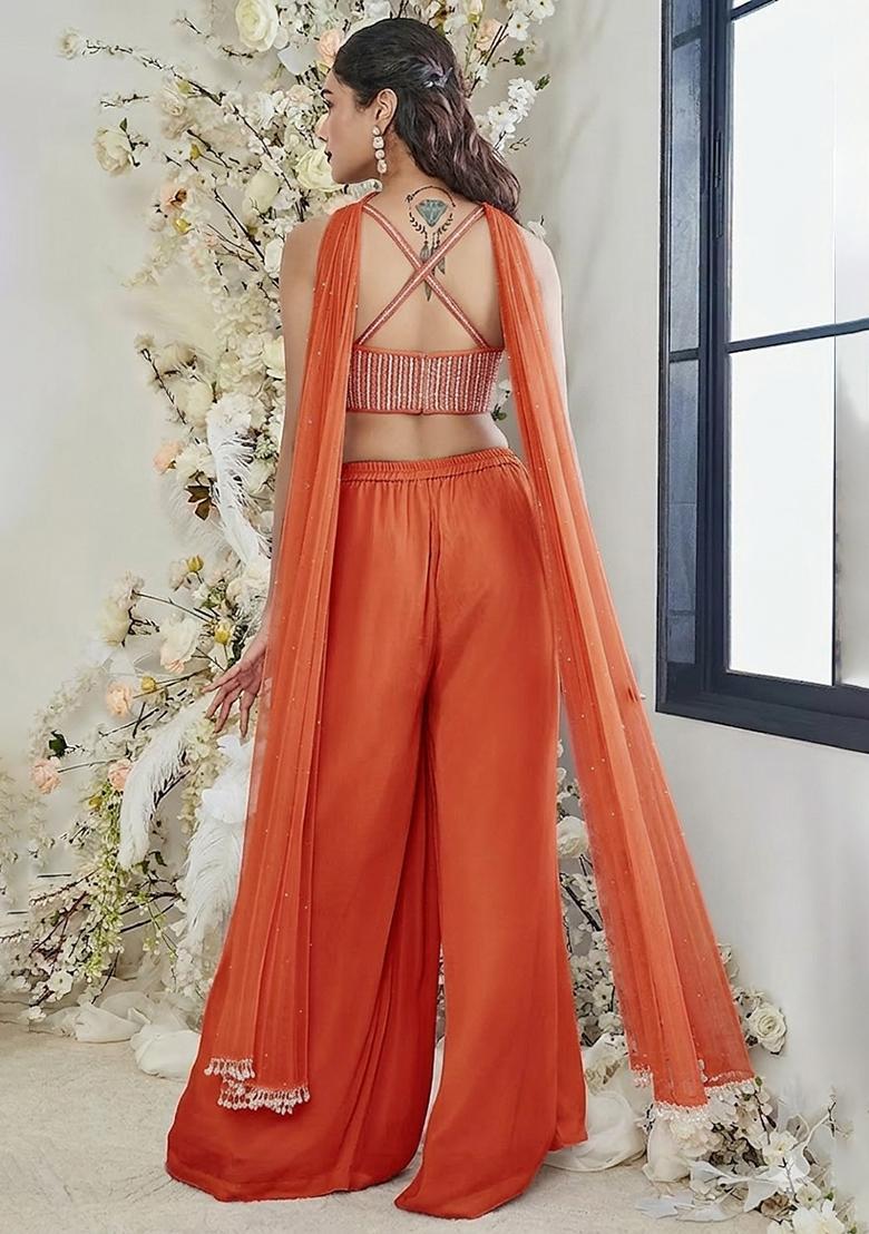 Orange Hand Work Georgette Fusion Set - Indya