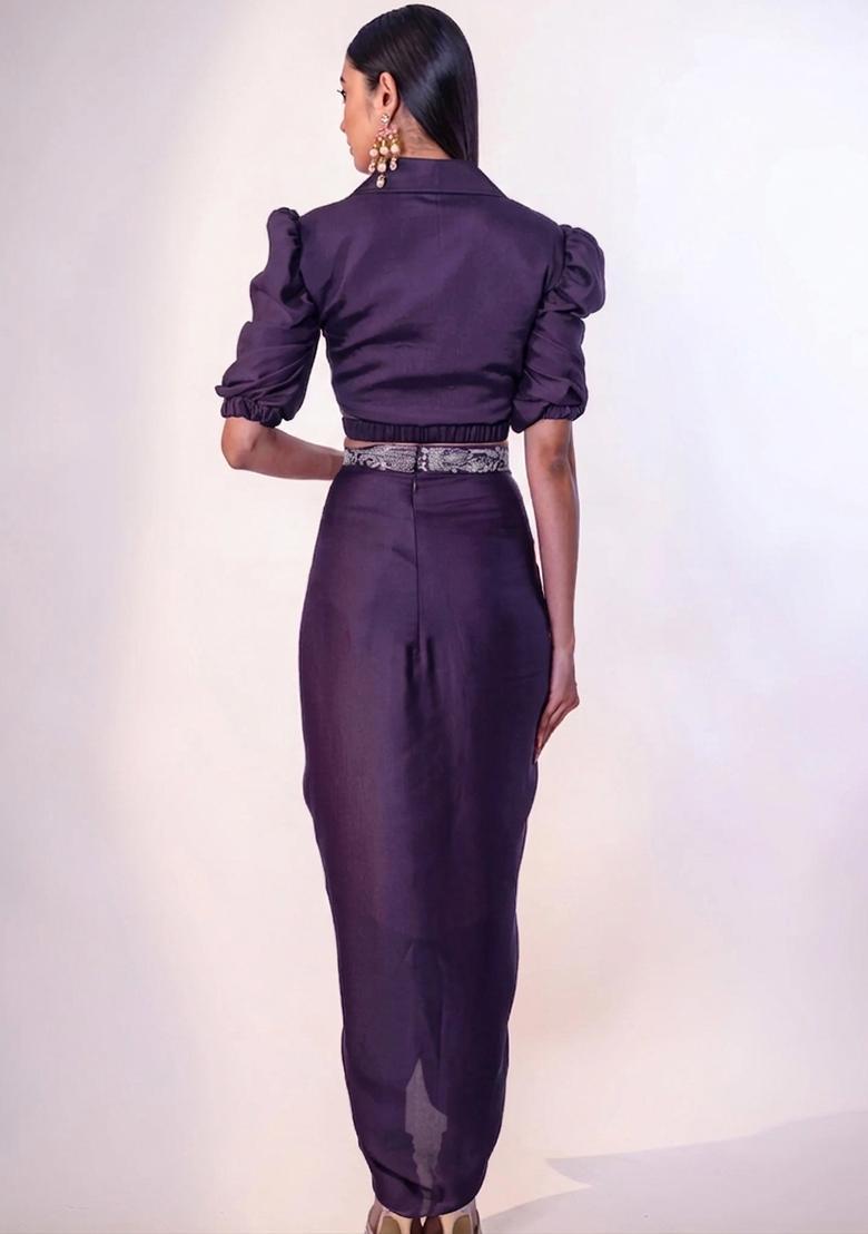 Purple Hand Work Chinon Fusion Set - Indya