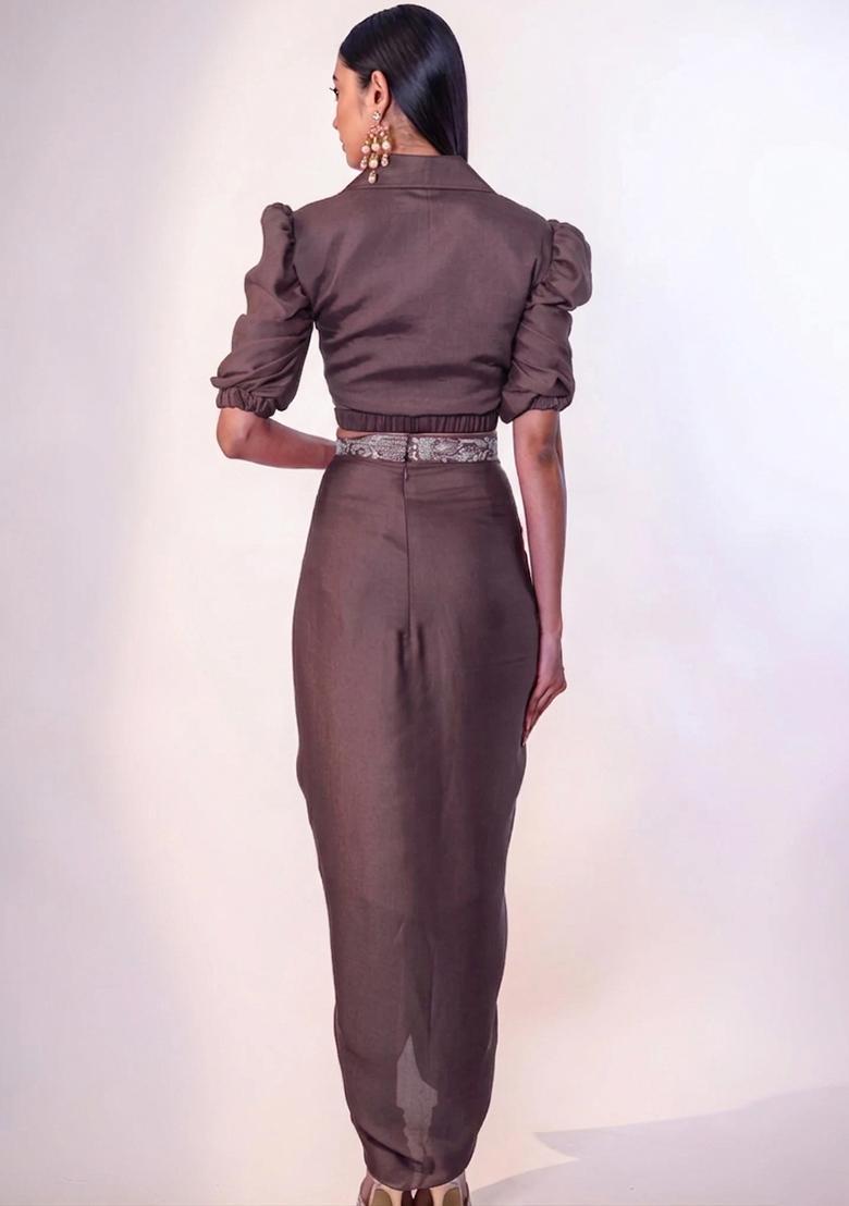 Brown Hand Work Chinon Fusion Set - Indya
