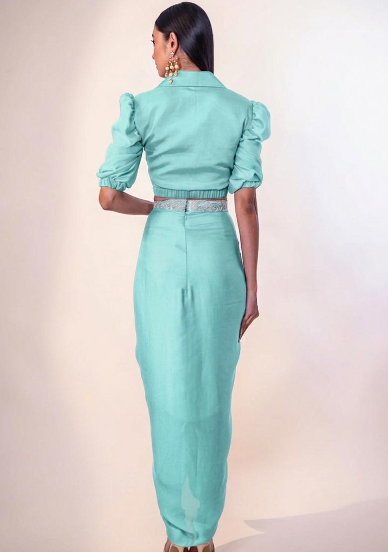 Aqua Blue Hand Work Chinon Fusion Set - Indya