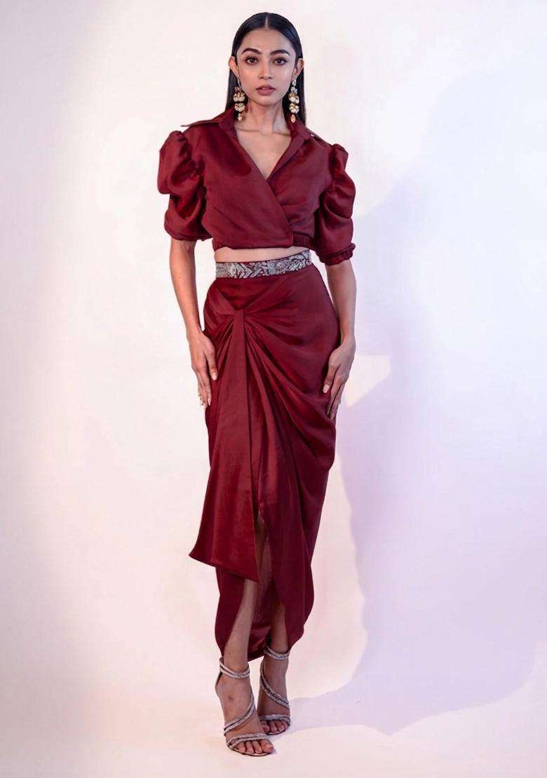 Deep Maroon Hand Work Chinon Fusion Set - Indya