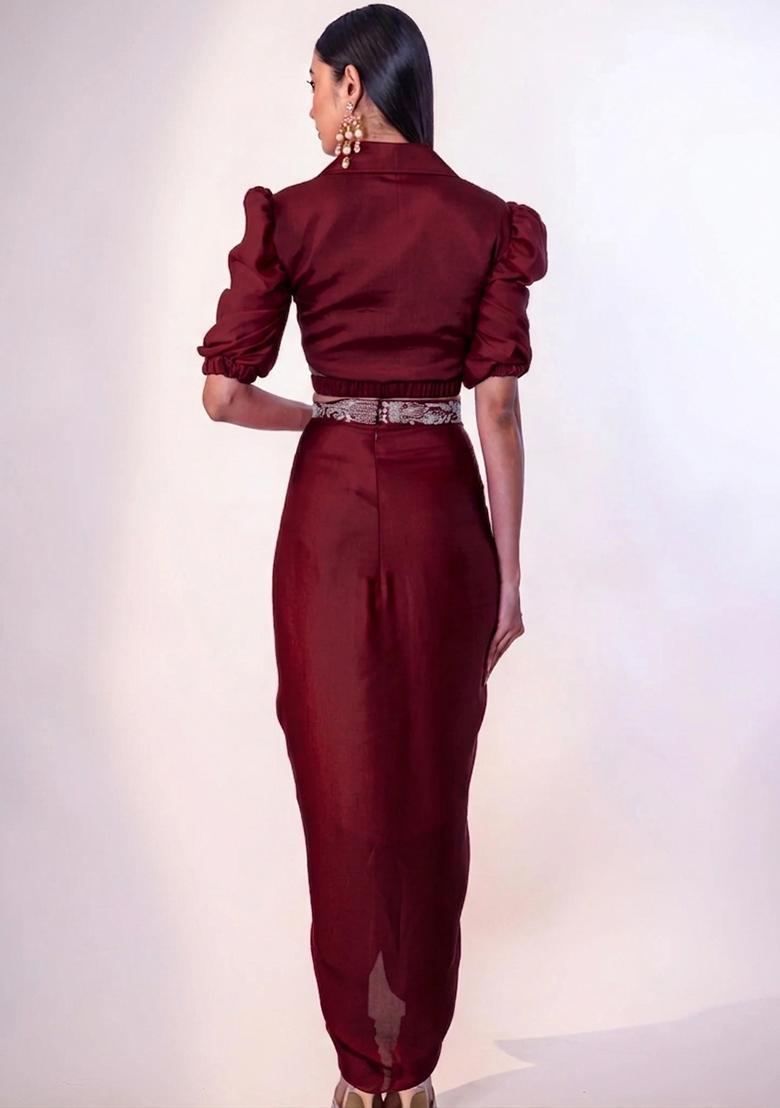 Deep Maroon Hand Work Chinon Fusion Set - Indya