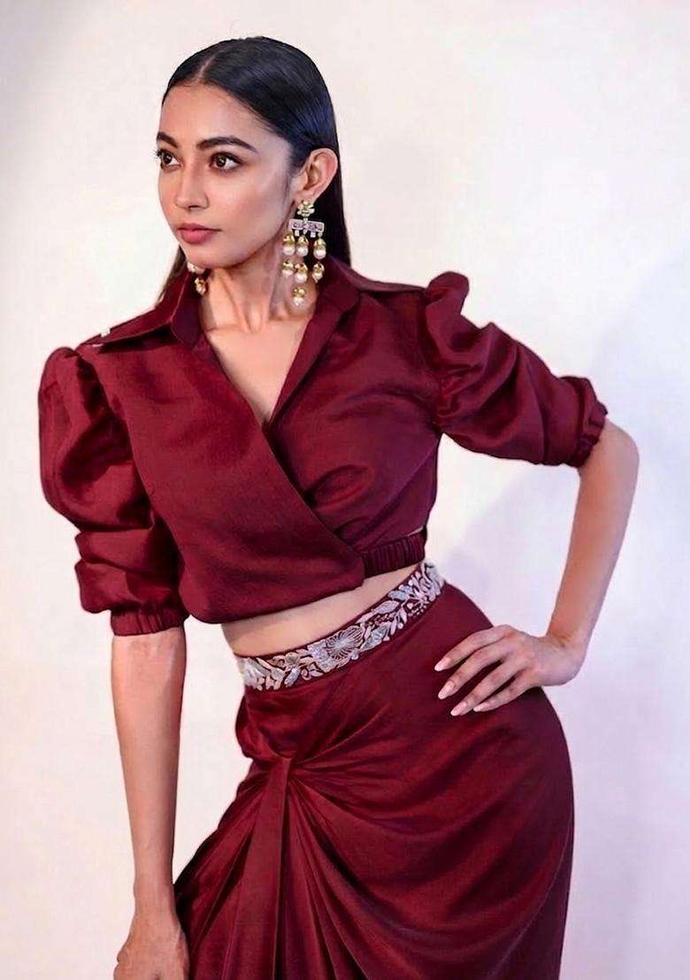 Deep Maroon Hand Work Chinon Fusion Set - Indya