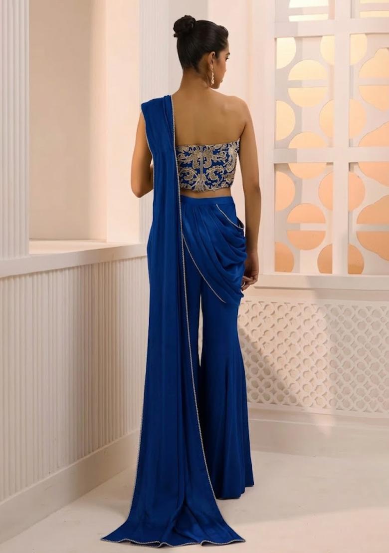 Royal Blue Hand Work Chinon Fusion Set - Indya