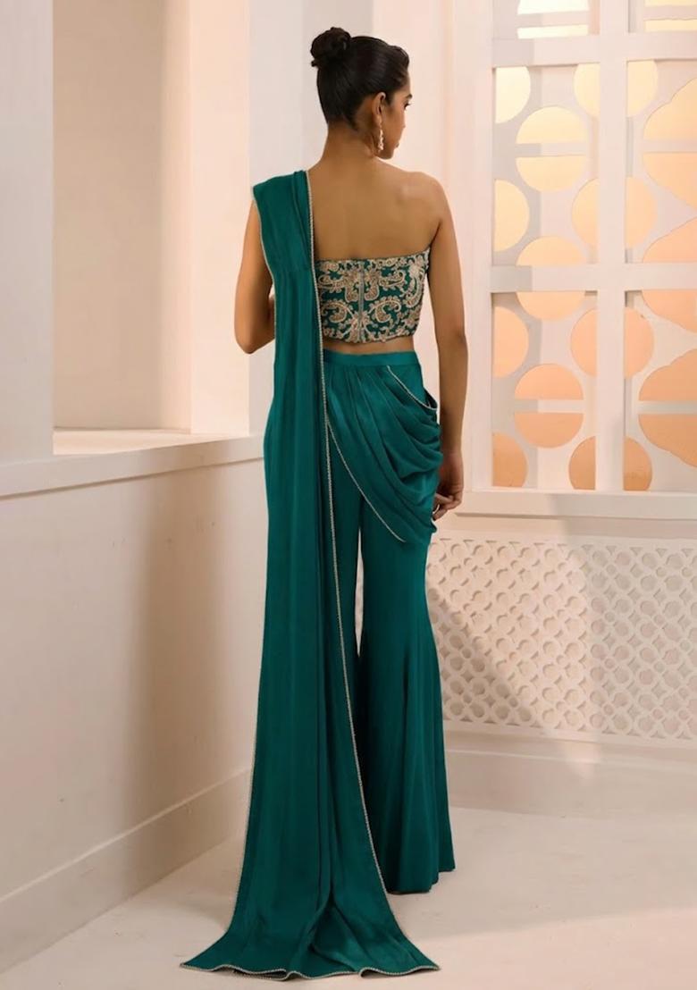 Teal Green Hand Work Chinon Fusion Set - Indya
