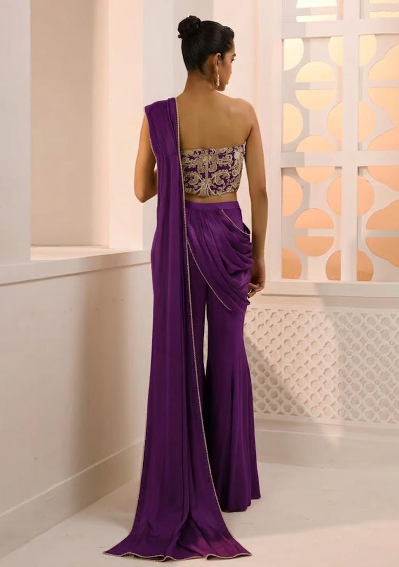 Purple Hand Work Chinon Fusion Set - Indya