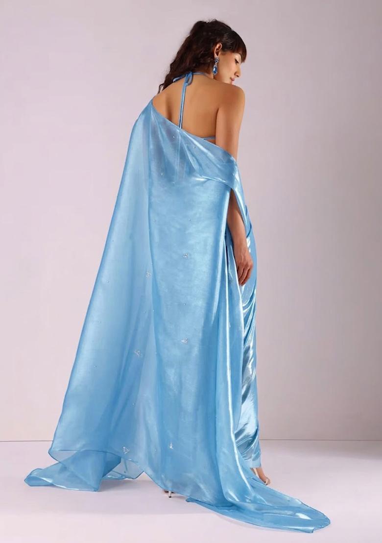 Powder Blue Hand Work Chinon Fusion Set - Indya