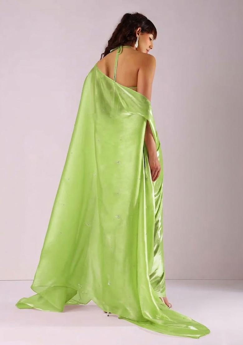 Lime Green Hand Work Chinon Fusion Set - Indya