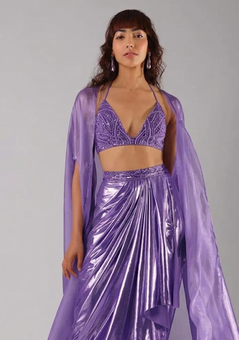 Purple Hand Work Chinon Fusion Set - Indya