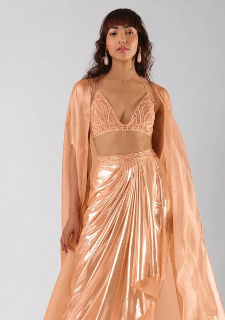 Peach Hand Work Chinon Fusion Set - Indya