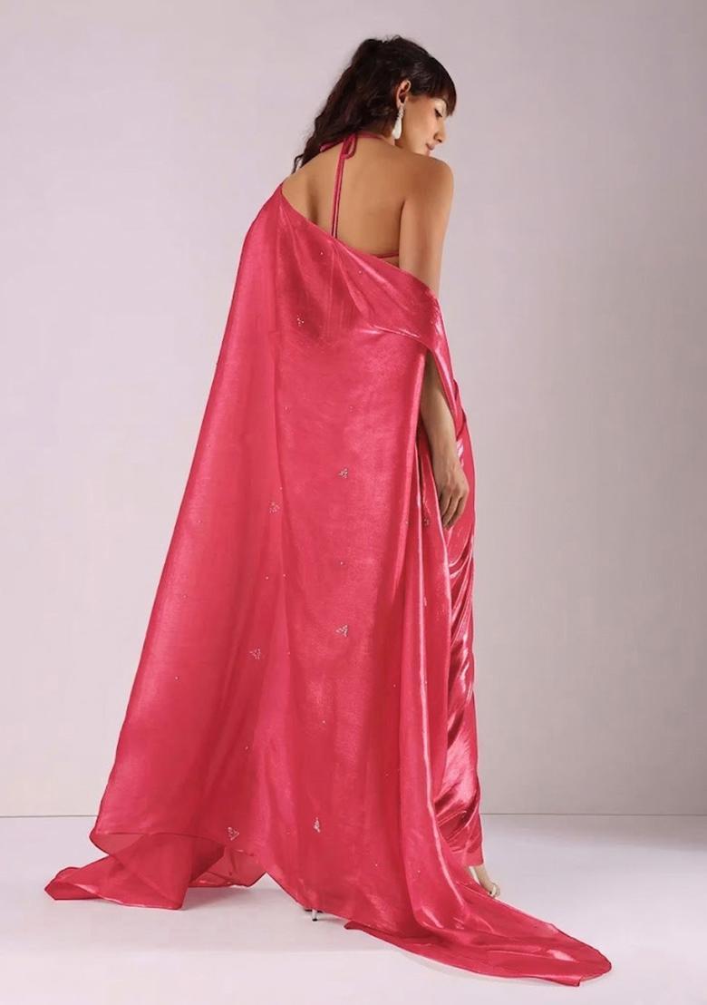 Metallic Pink Hand Work Chinon Fusion Set - Indya
