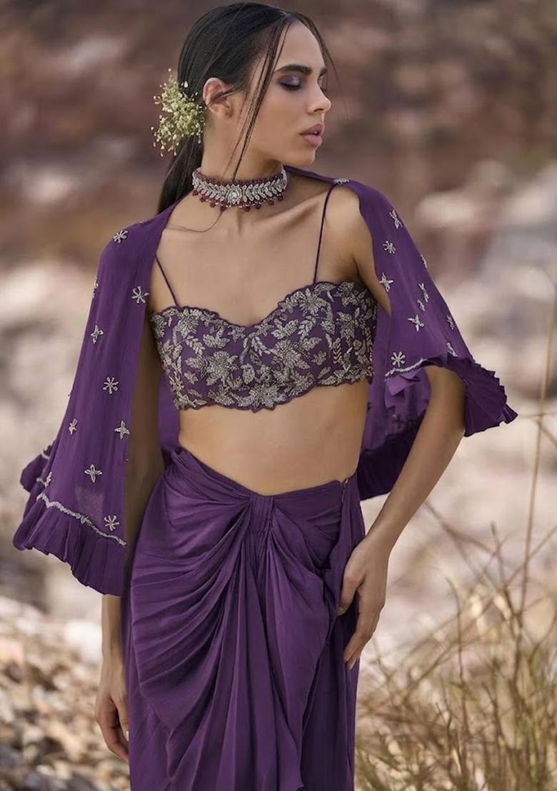 Purple Hand Work Chinon Fusion Set - Indya