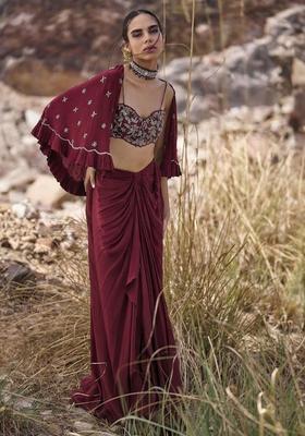 Maroon Hand Work Chinon Fusion Set