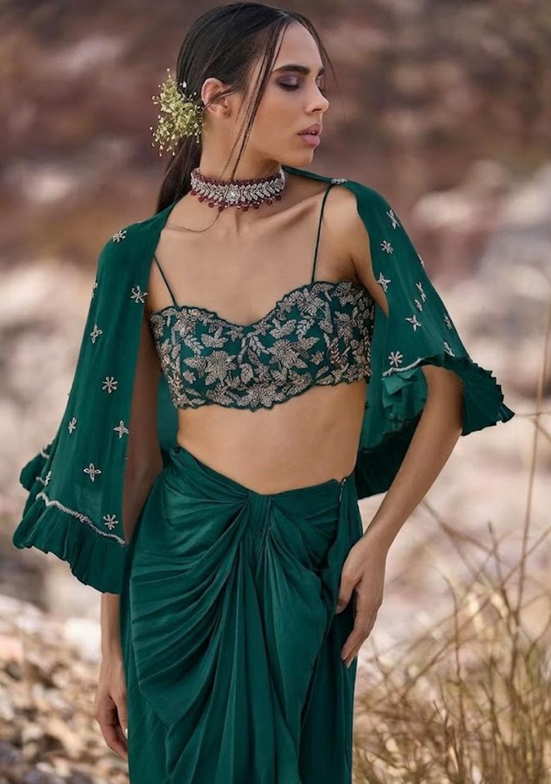 Bottle Green Hand Work Chinon Fusion Set - Indya