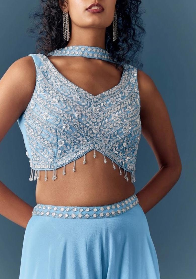 Soft Blue Hand Work Chinon Fusion Set - Indya