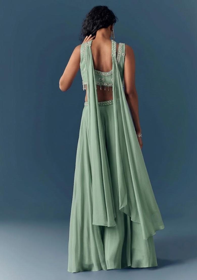 Sage Green Hand Work Chinon Fusion Set - Indya
