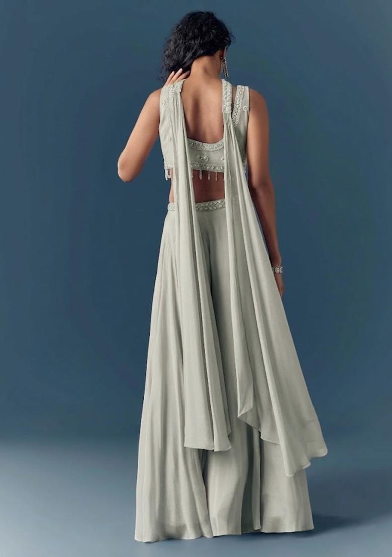 Sage Green Hand Work Chinon Fusion Set - Indya