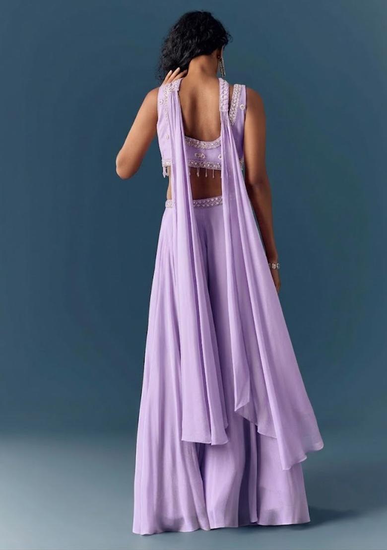Lavender Hand Work Chinon Fusion Set - Indya