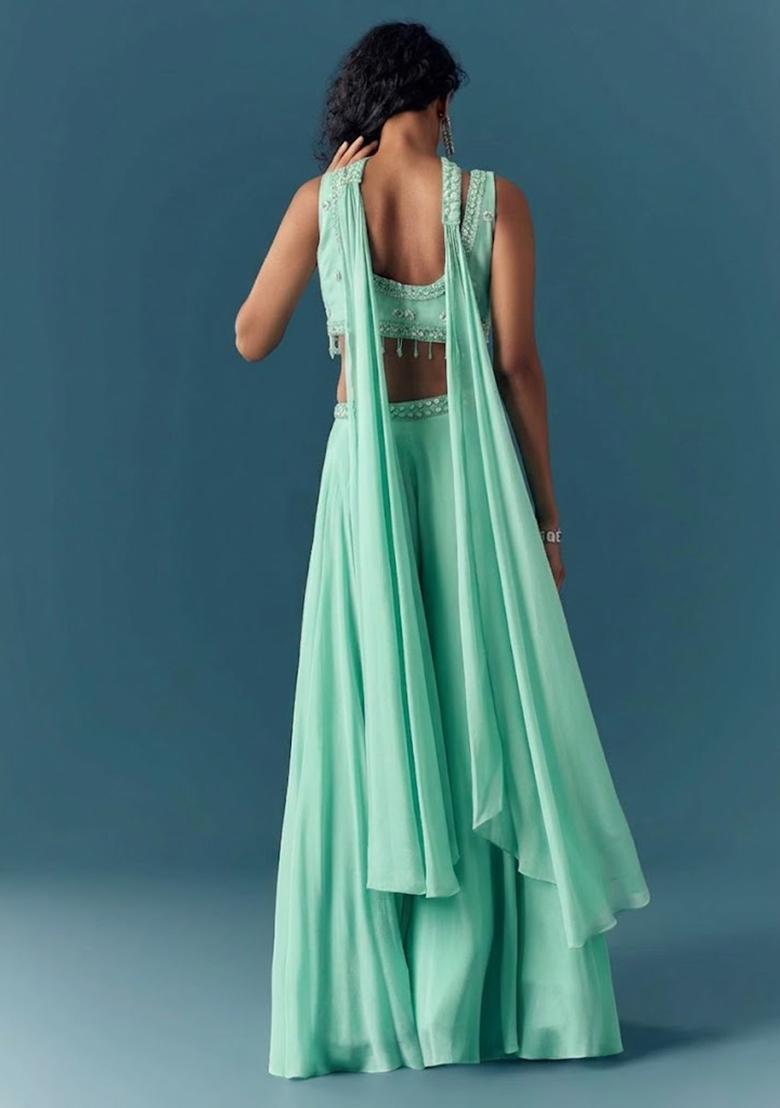Mint Green Hand Work Chinon Fusion Set - Indya