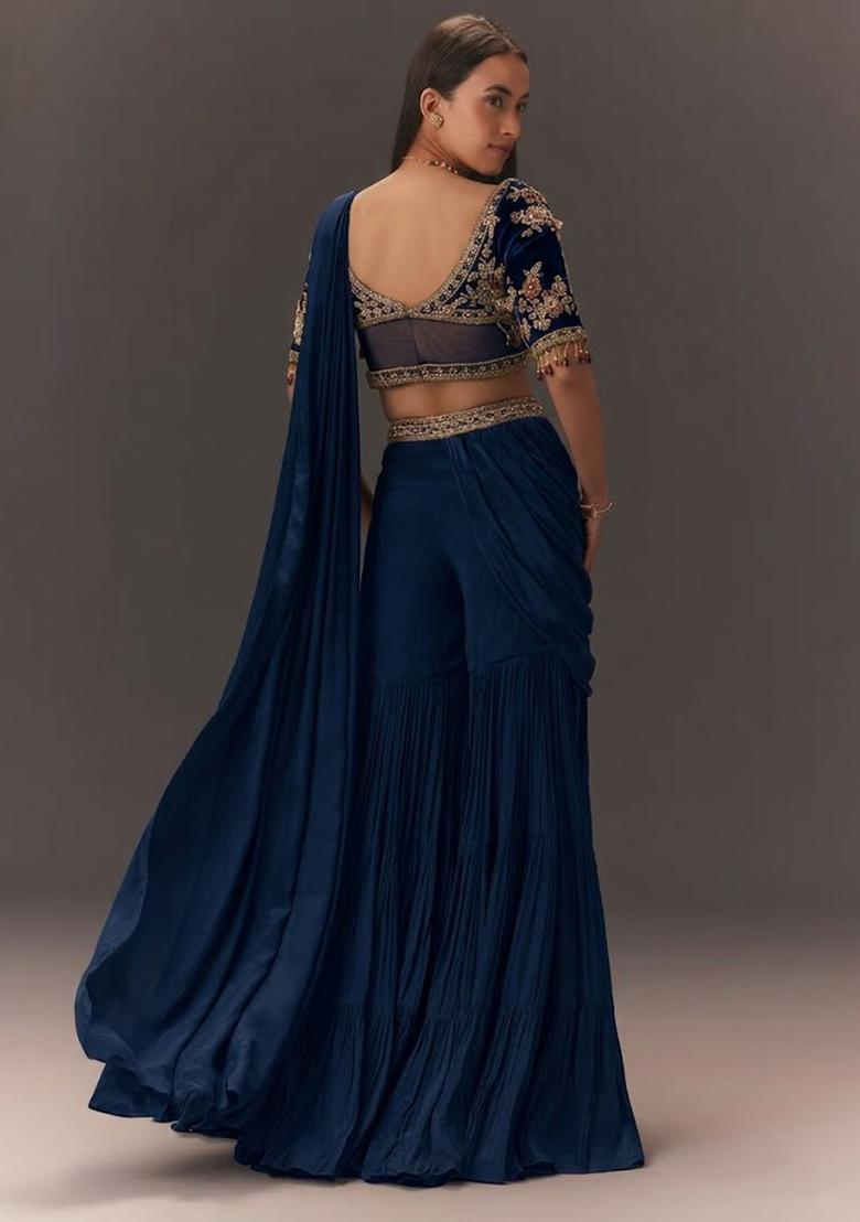 Navy Blue Hand Work Chinon Fusion Set - Indya