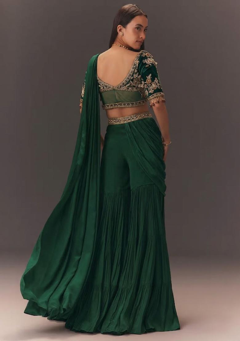 Emerald Green Hand Work Chinon Fusion Set - Indya