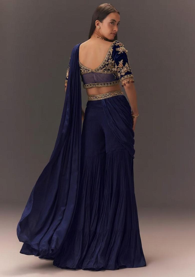 Navy Blue Hand Work Chinon Fusion Set - Indya