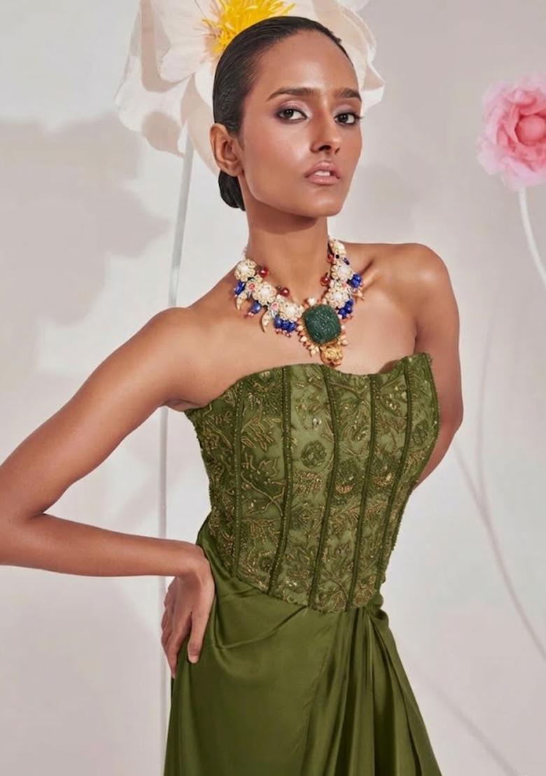 Olive Green Hand Work Chinon Fusion Set - Indya
