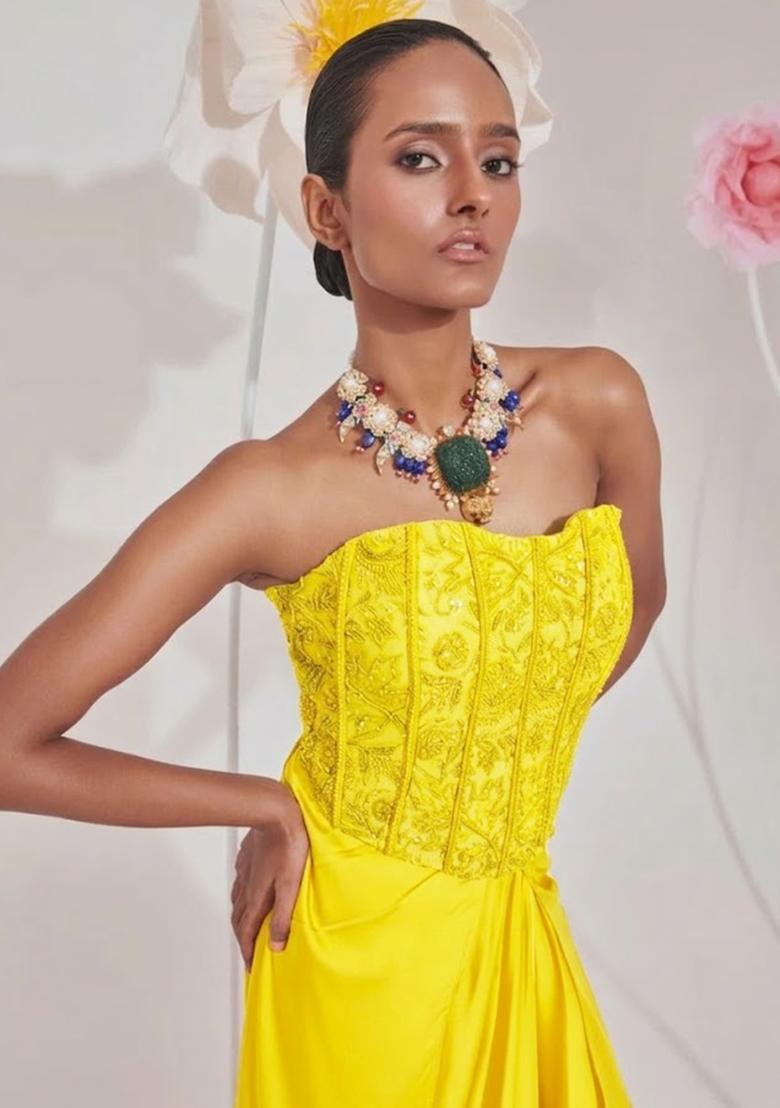 Yellow Hand Work Chinon Fusion Set - Indya