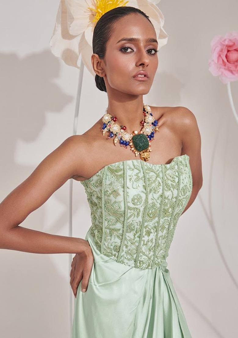 Mint Green Hand Work Chinon Fusion Set - Indya