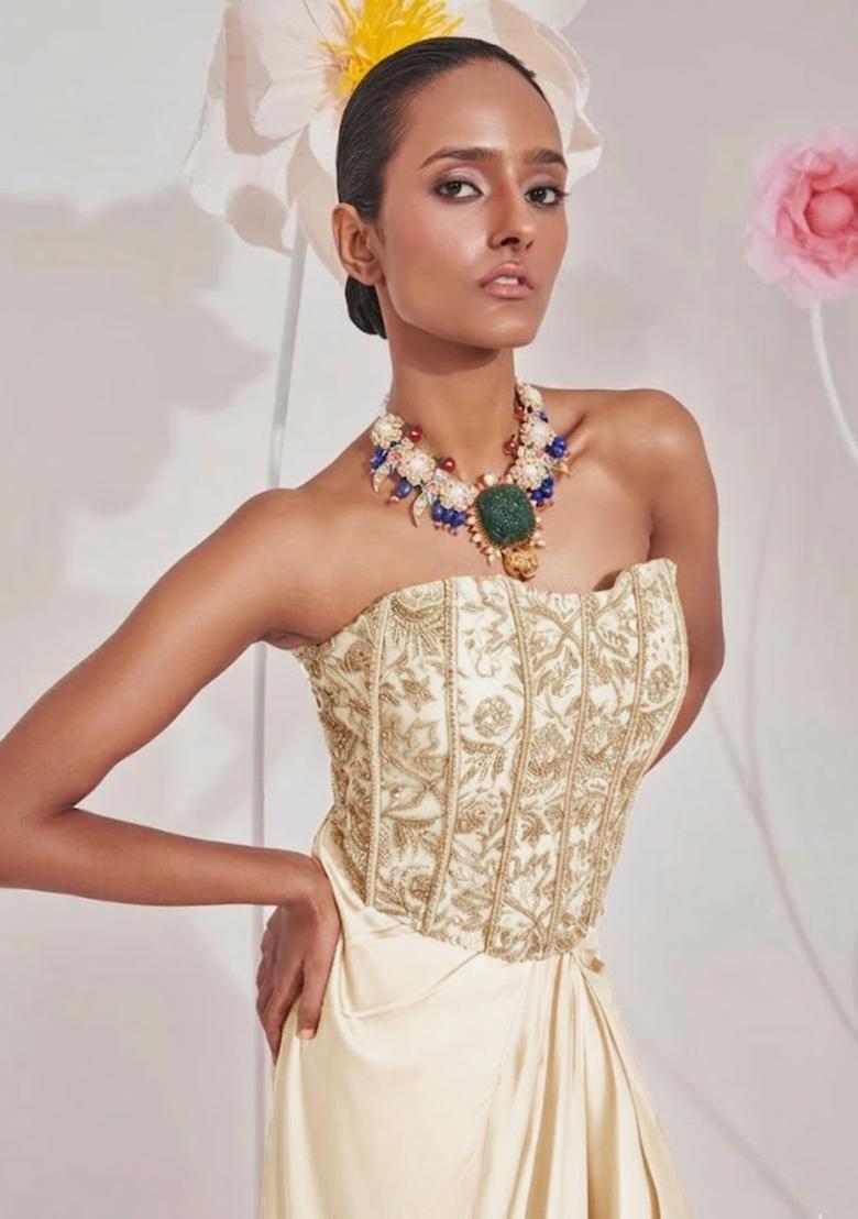 Cream Hand Work Chinon Fusion Set - Indya
