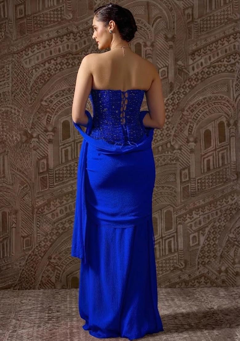 Royal Blue Hand Work Chinon Fusion Set - Indya