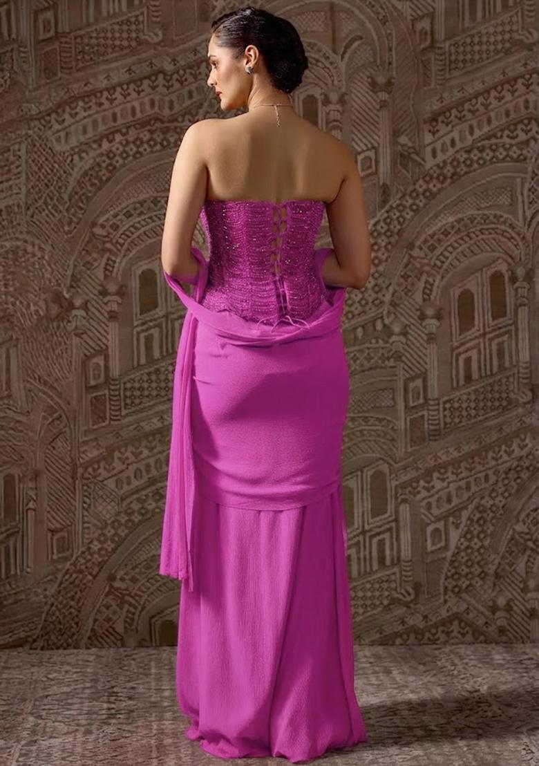 Pink Hand Work Chinon Fusion Set - Indya