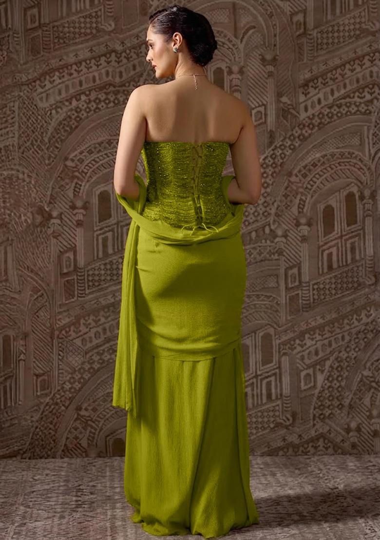 Olive Green Hand Work Chinon Fusion Set - Indya