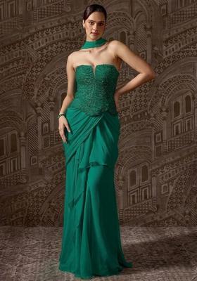 Bottle Green Hand Work Chinon Fusion Set