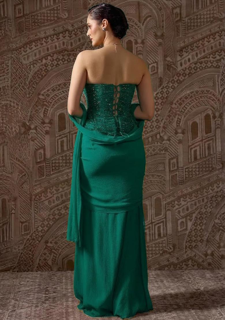 Bottle Green Hand Work Chinon Fusion Set - Indya