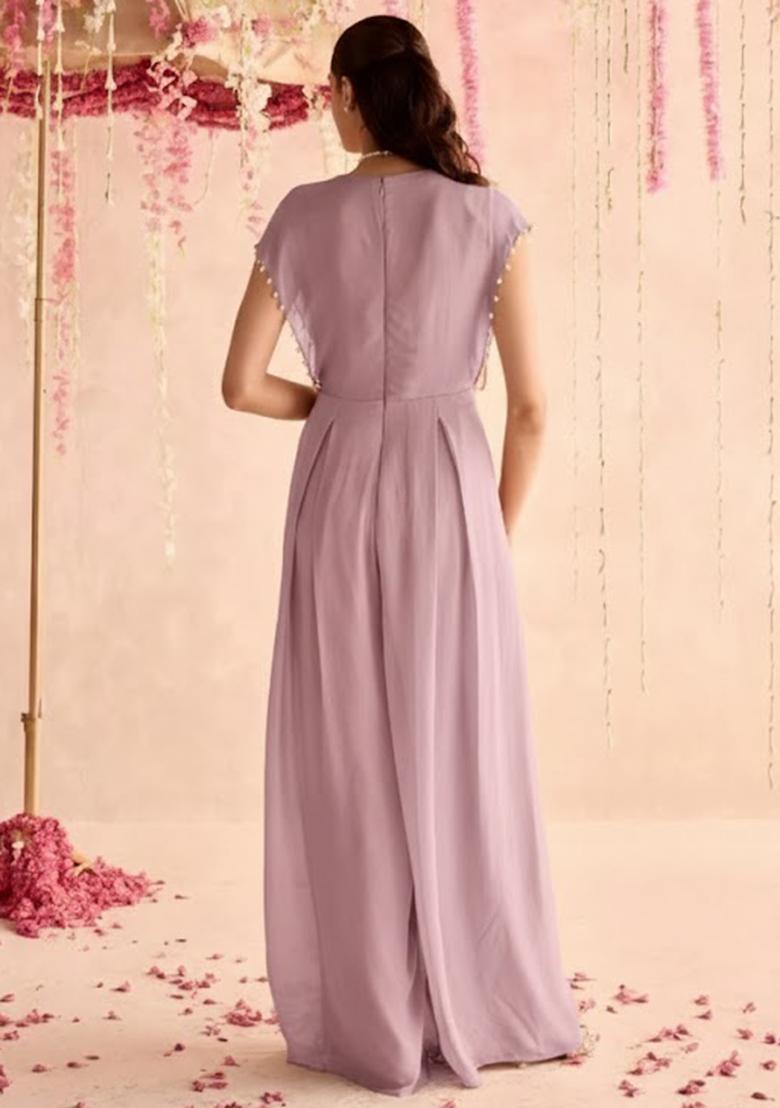 Dusty Lavender Hand Work Chinon Fusion Set - Indya