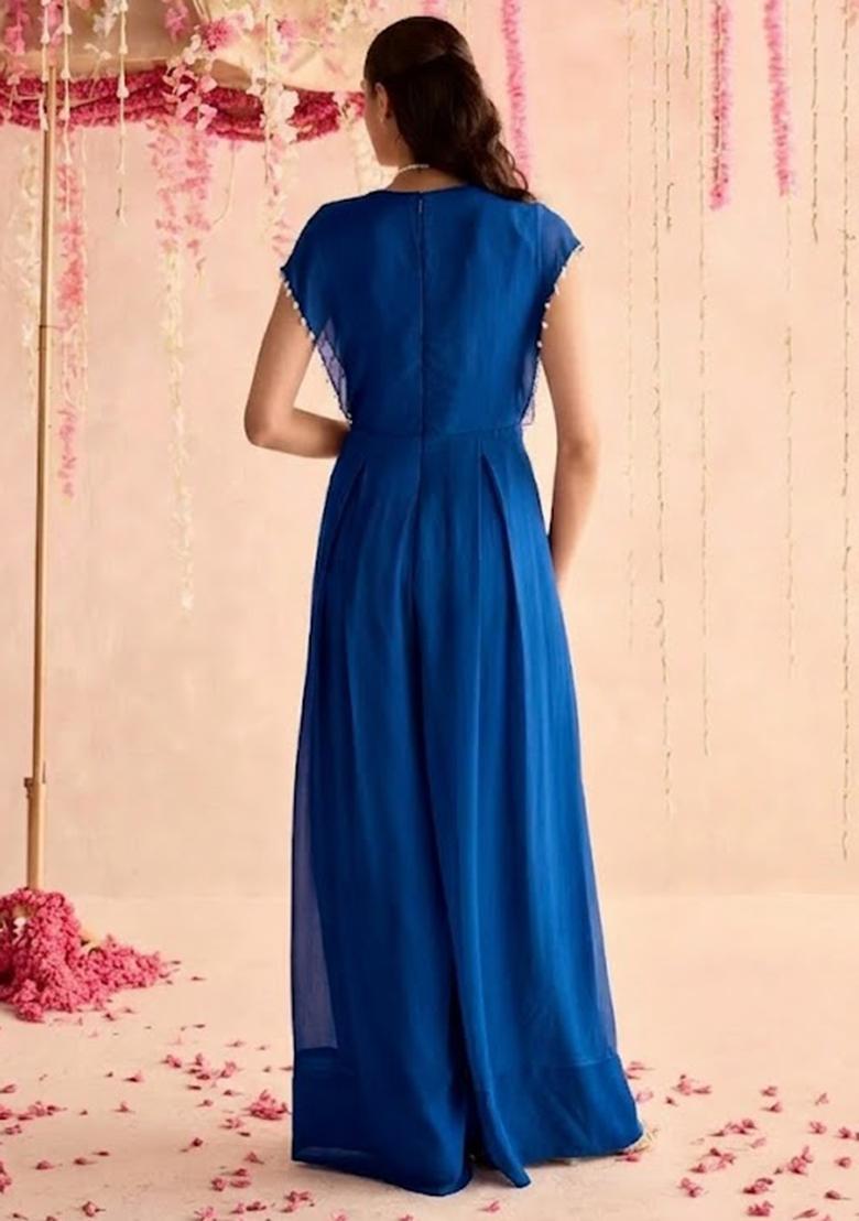 Royal Blue Hand Work Chinon Fusion Set - Indya