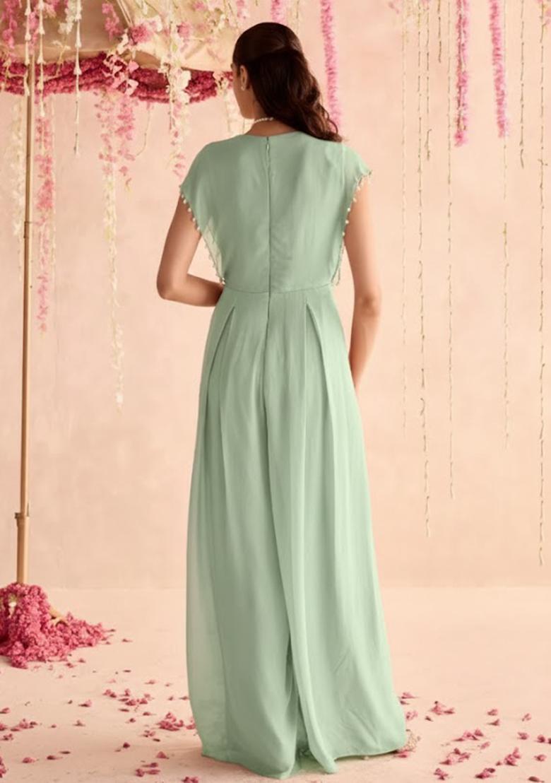 Sage Green Hand Work Chinon Fusion Set - Indya