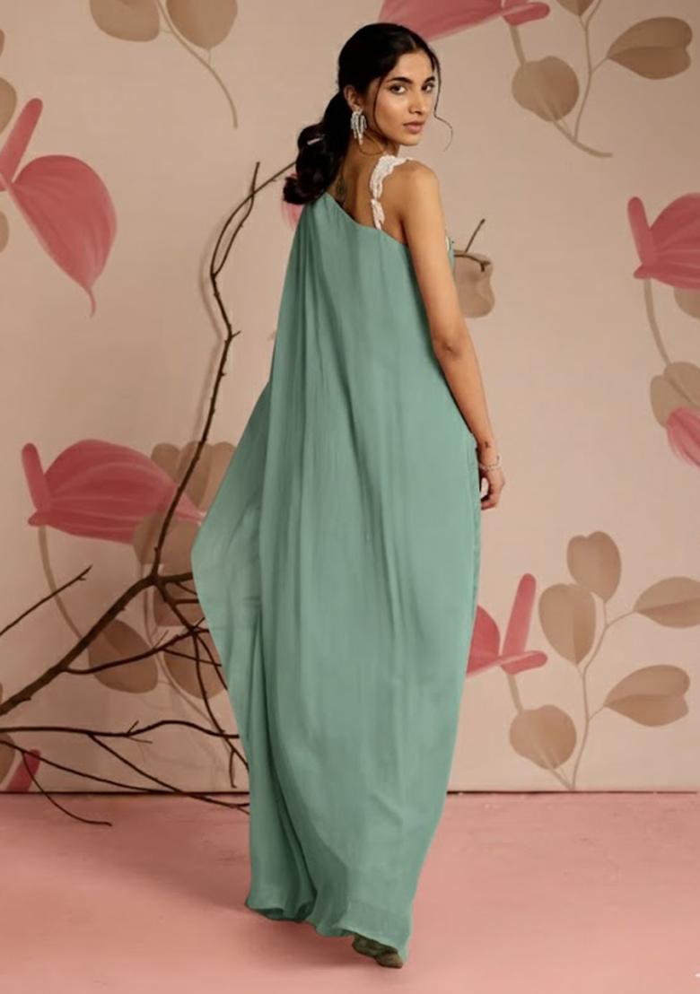 Mint Green Hand Work Chinon Fusion Set - Indya