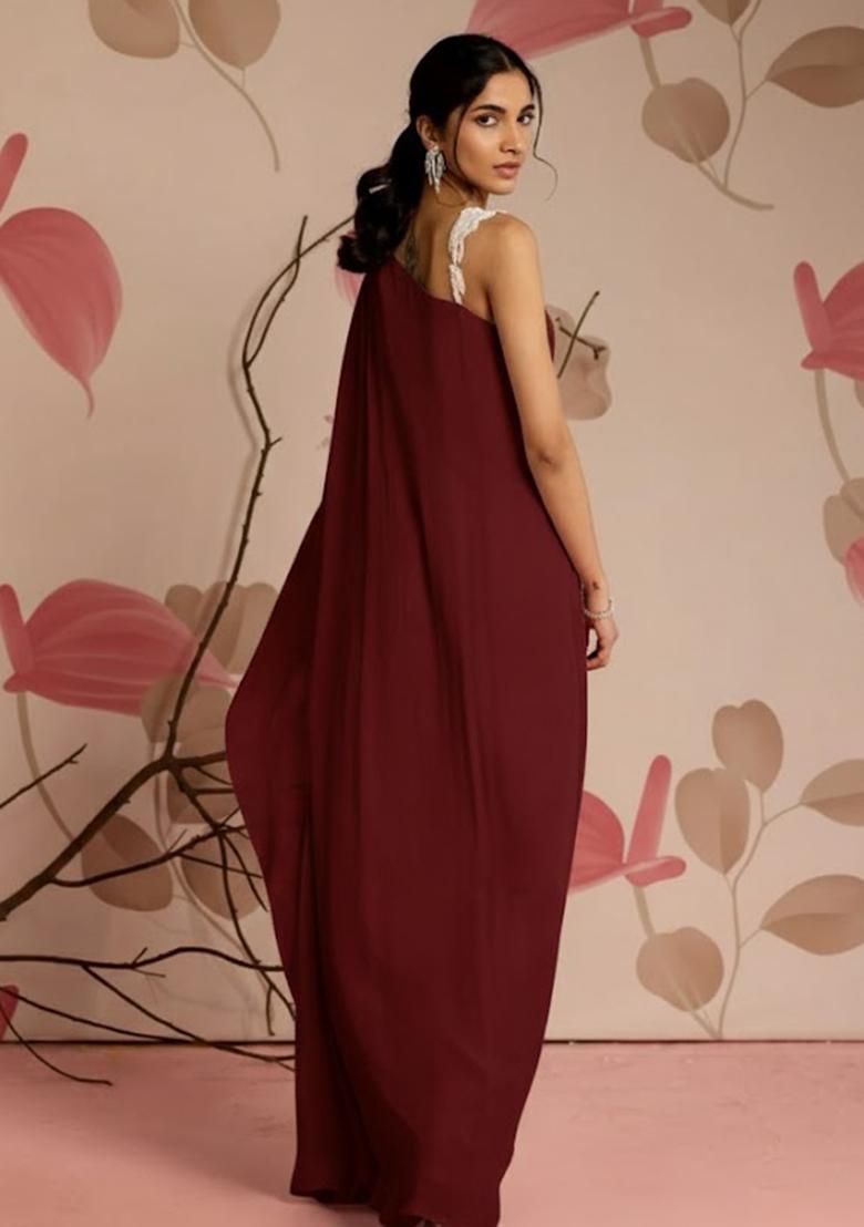 Deep Maroon Hand Work Chinon Fusion Set - Indya