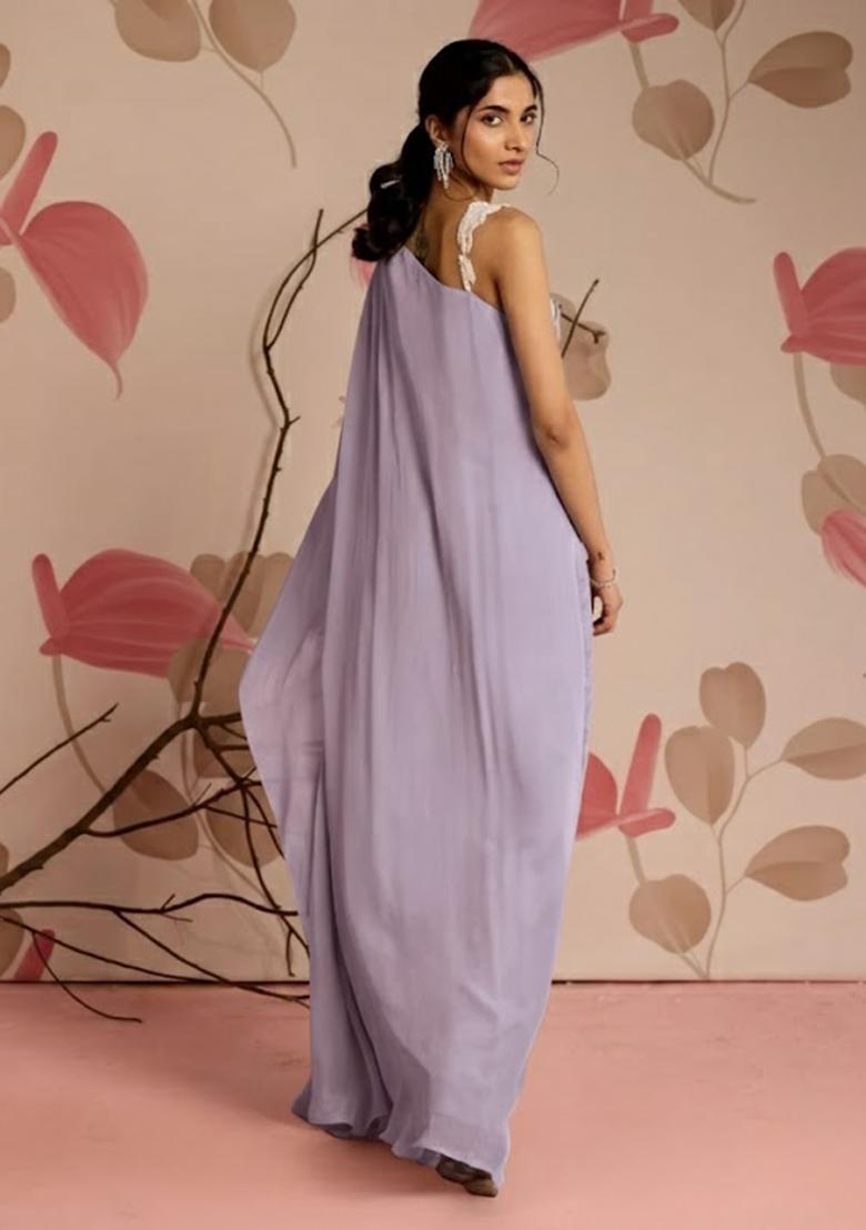 Lavender Hand Work Chinon Fusion Set - Indya