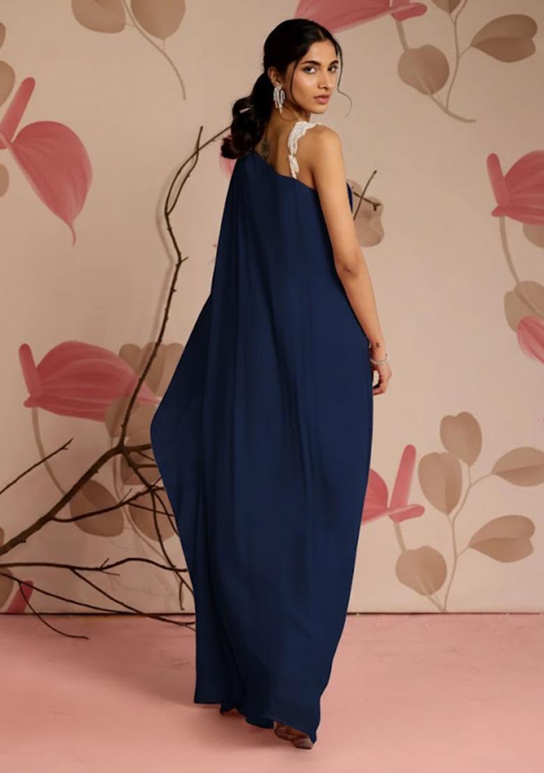 Navy Blue Hand Work Chinon Fusion Set - Indya