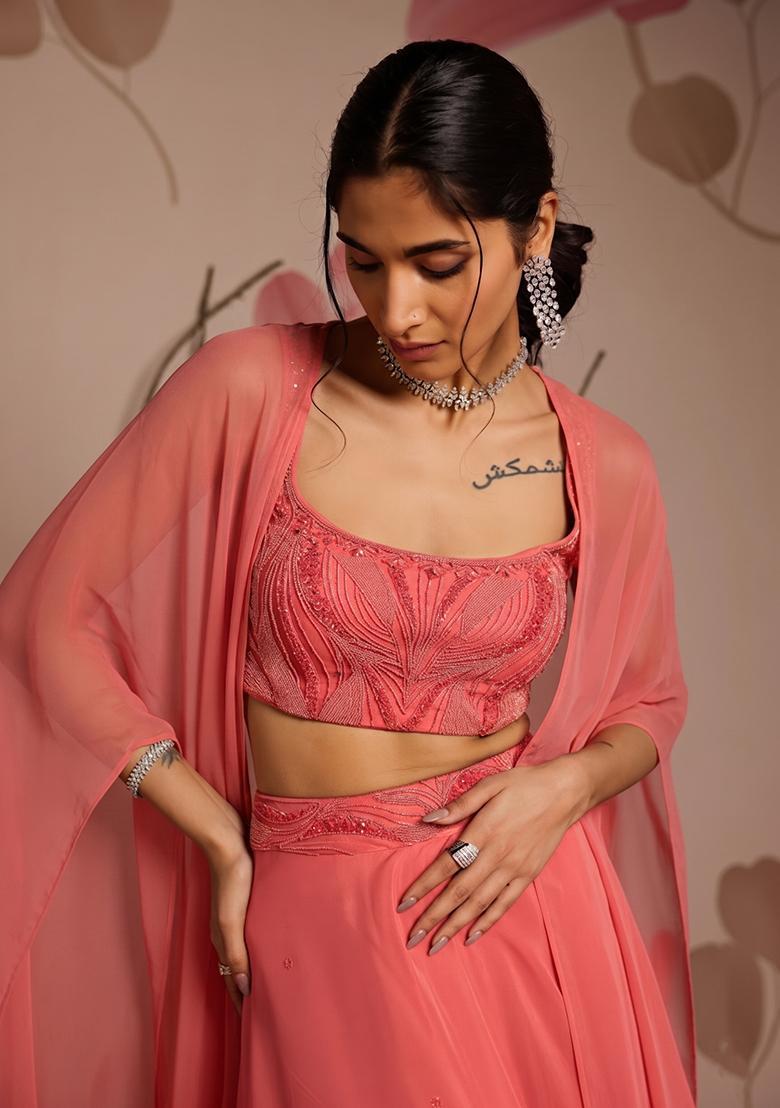 Coral Pink Hand Work Chinon Lehenga Set - Indya