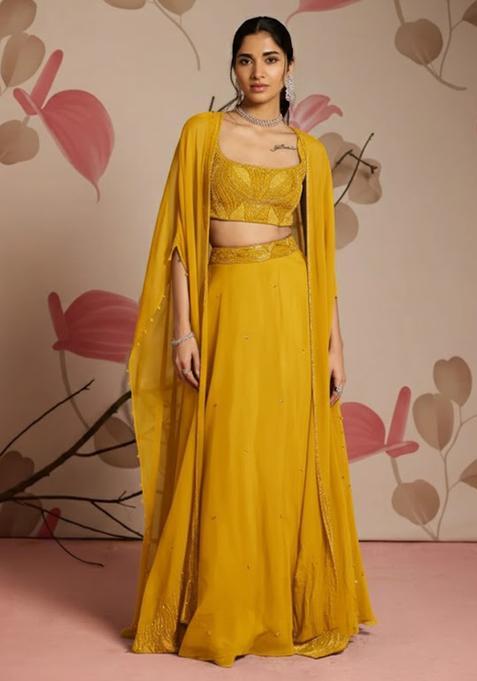 Bright Yellow Hand Work Chinon Lehenga Set