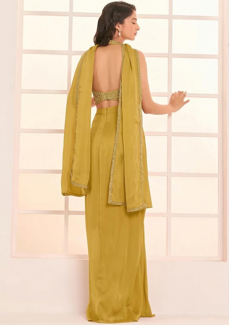 Olive Green Hand Work Satin Fusion Set - Indya