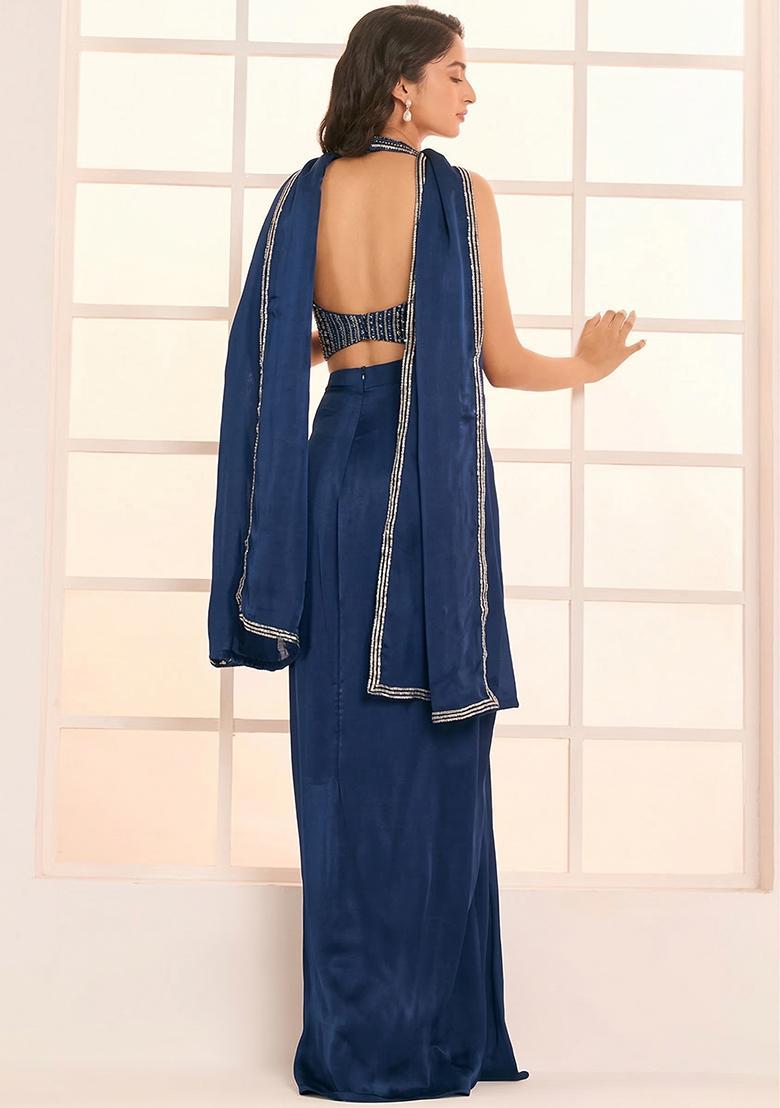 Royal Blue Hand Work Satin Fusion Set - Indya