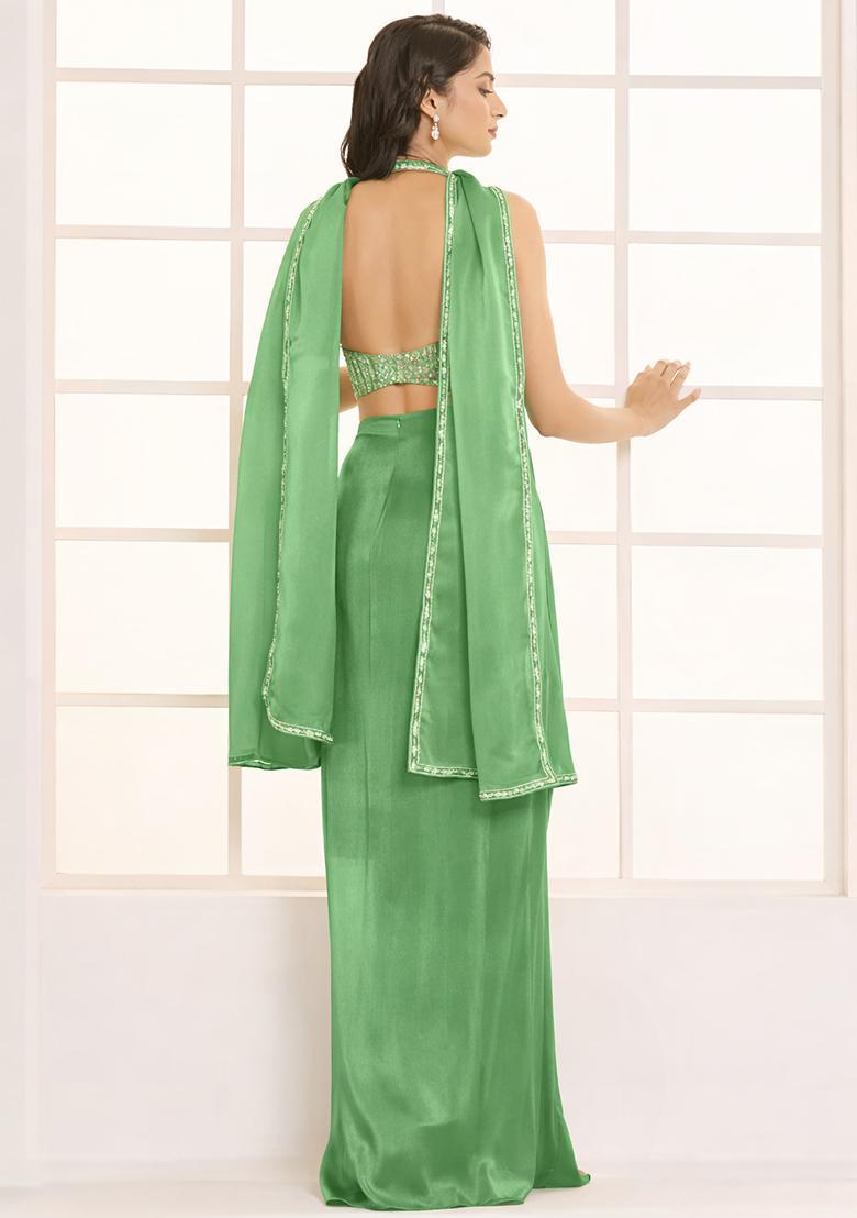 Leaf Green Hand Work Satin Fusion Set - Indya