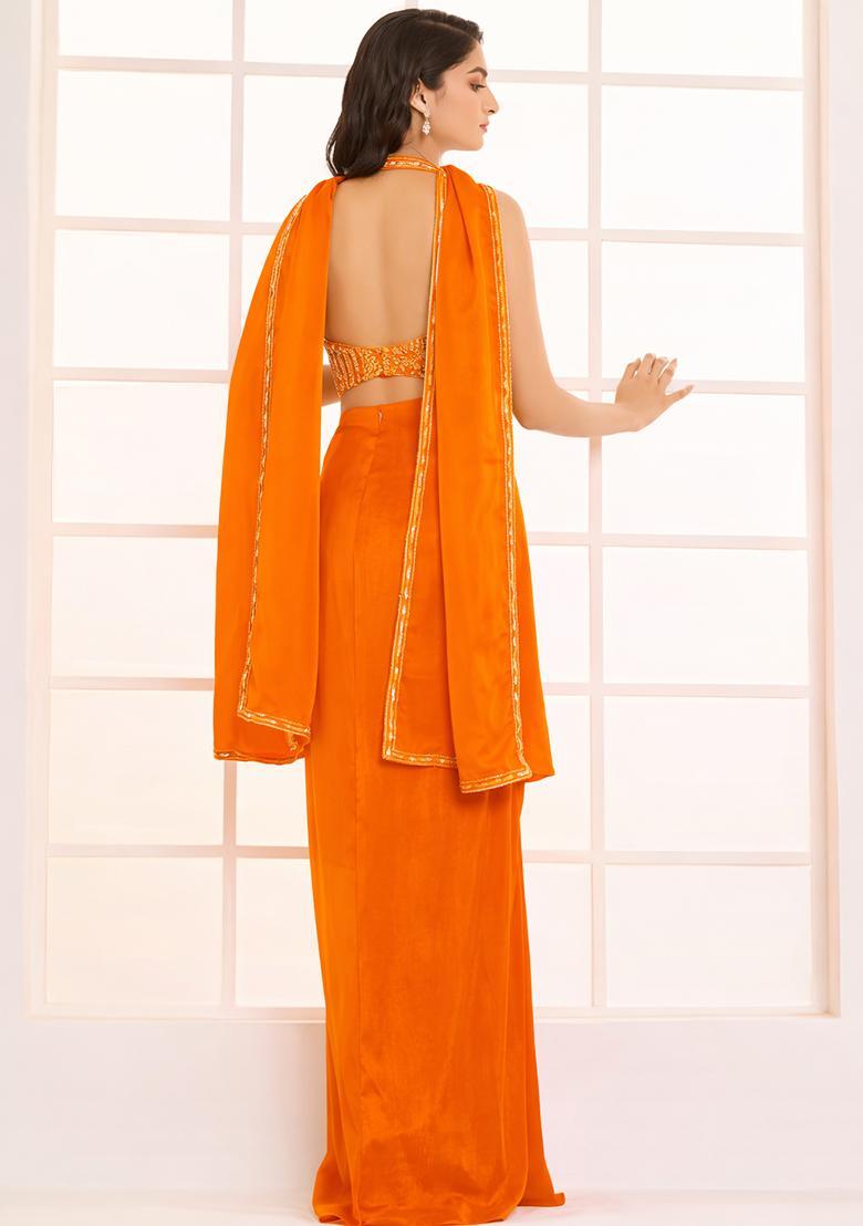 Bright Orange Hand Work Satin Fusion Set - Indya